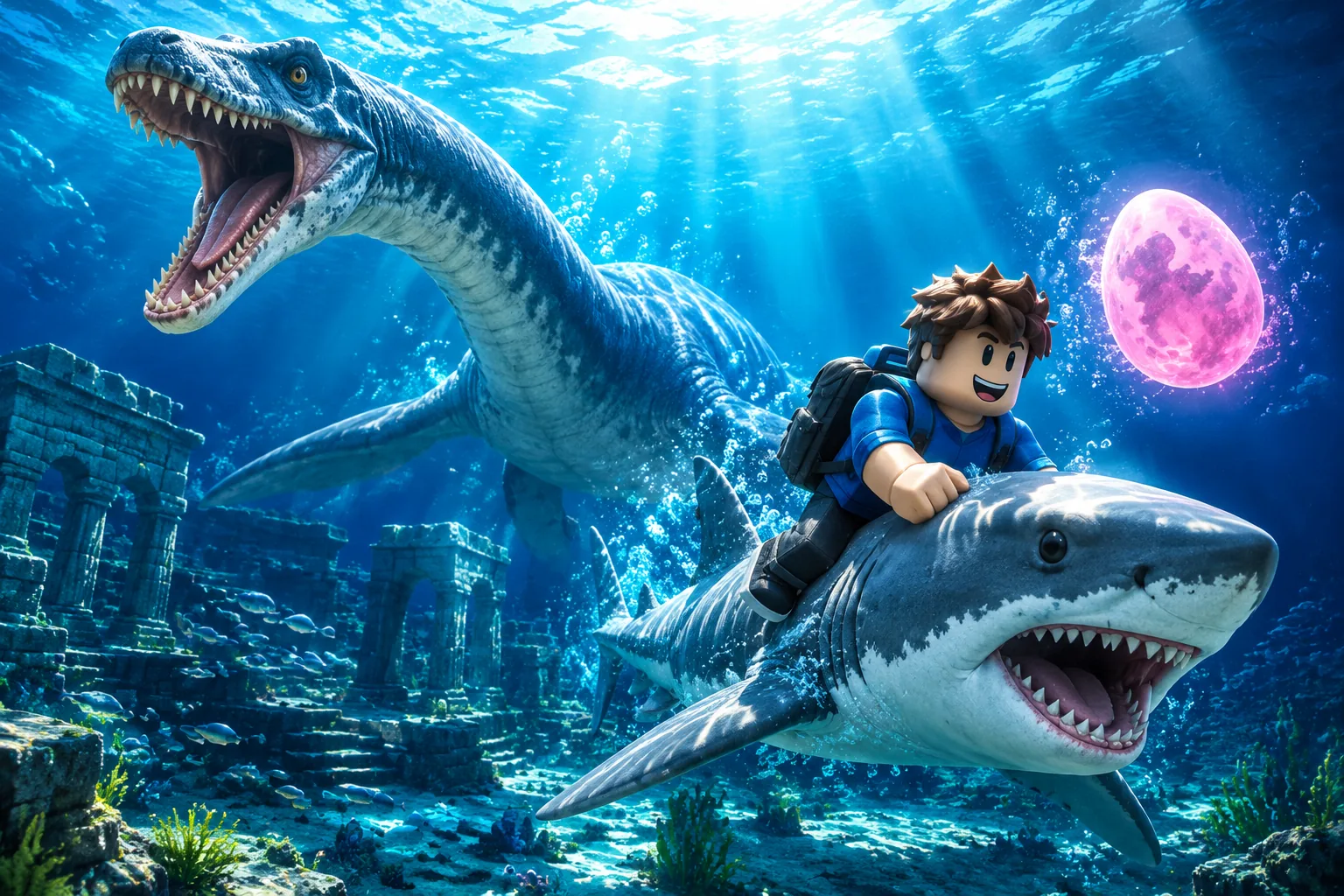 Illustrated underwater scene with a long-neck sea reptile, a rider on a shark, and a pink egg